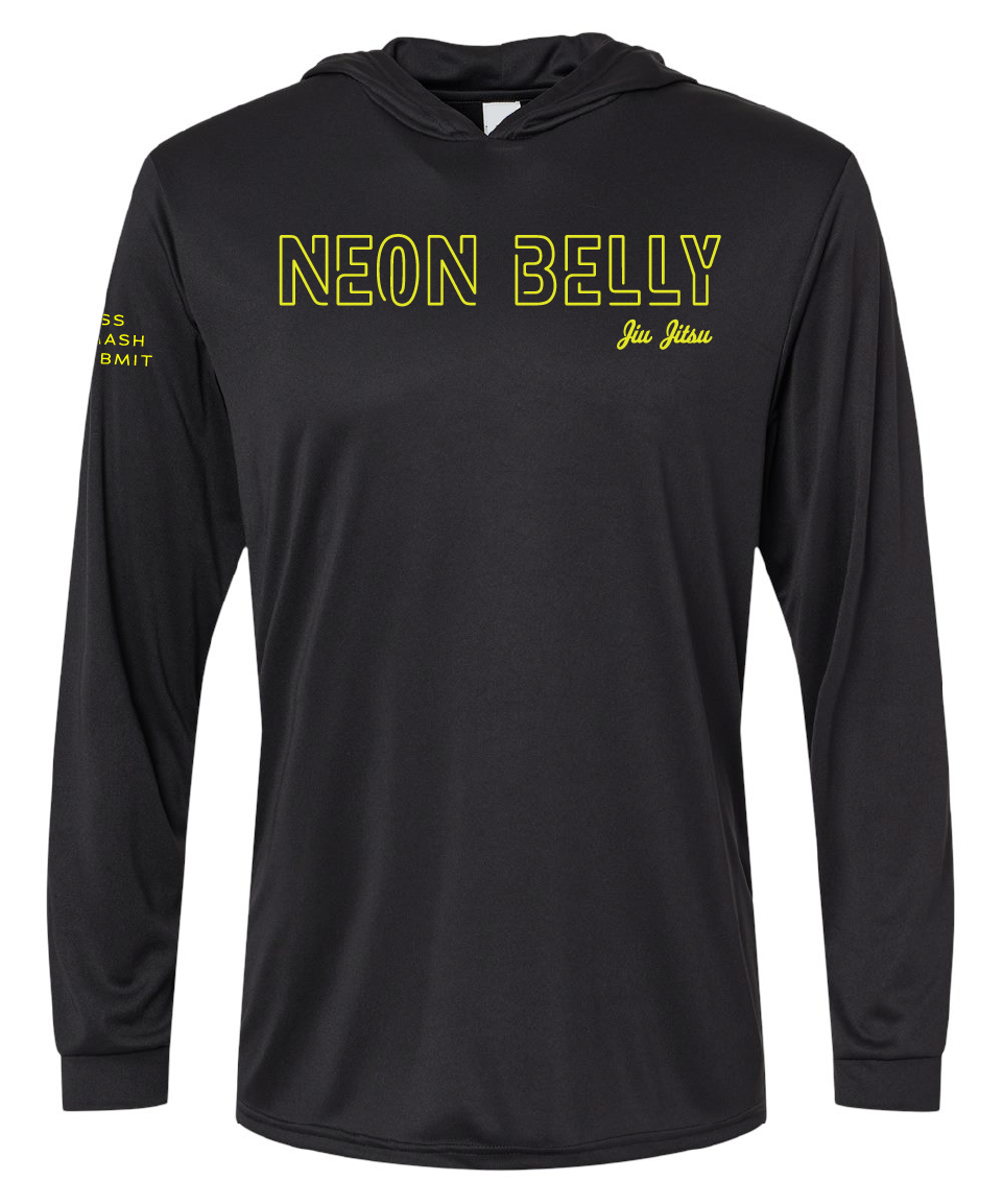 NEON BELLY - Humorous BJJ Long Sleeve Hooded Shirt, Moisture Wicking & UPF 50+ Protection 