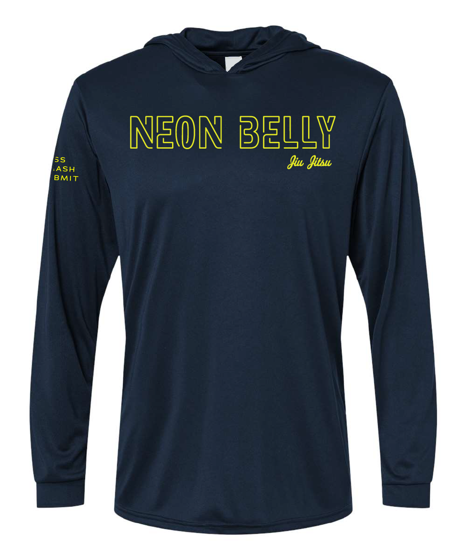 NEON BELLY - Humorous BJJ Long Sleeve Hooded Shirt, Moisture Wicking & UPF 50+ Protection 