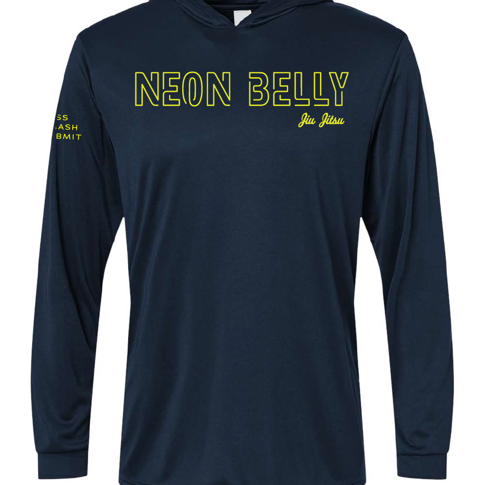 NEON BELLY - Humorous BJJ Long Sleeve Hooded Shirt, Moisture Wicking & UPF 50+ Protection 