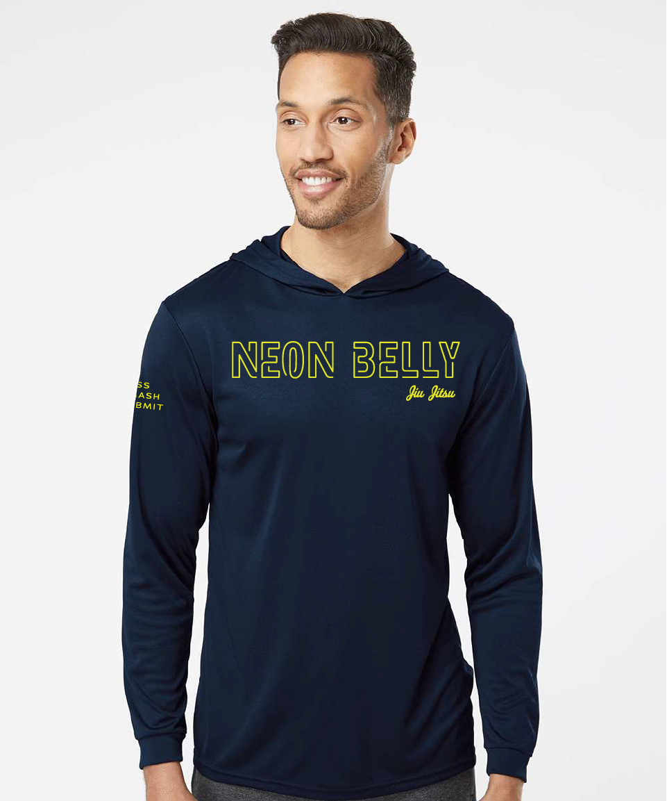 NEON BELLY - Humorous BJJ Long Sleeve Hooded Shirt, Moisture Wicking & UPF 50+ Protection 