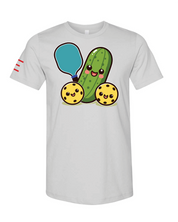 Cute Pickle Holding a Paddle Pickleball T-Shirt - Fun and Playful Design 